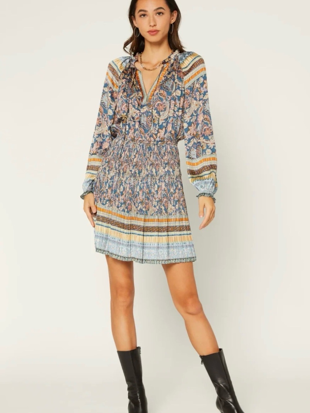 Boho Floral Blue Long-Sleeve Smocked Waist Dress